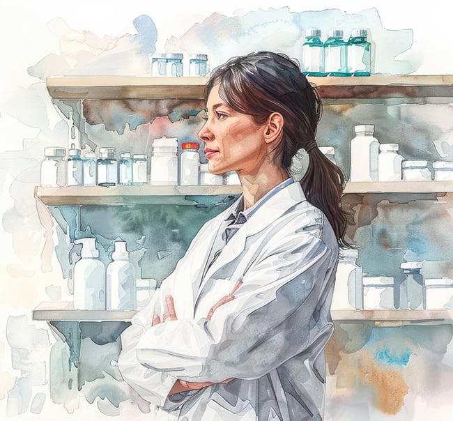 Woman Pharmacist in front of pharmacy shelves